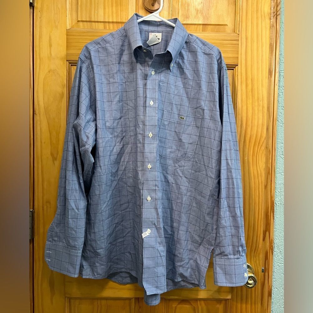 Lacoste size 44 blue checked button down shirt